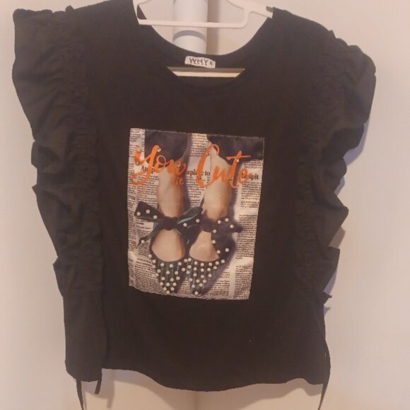 Why Dress You Are Cute Shoe Bling Pearl Newspaper Ruffle Sleev Black Crew Top XL - Picture 1 of 5